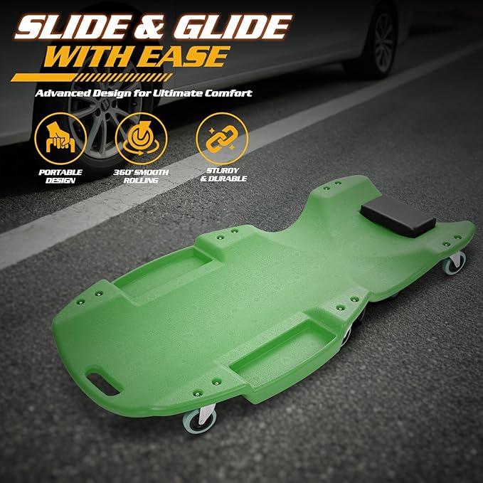Magshion Mechanic Creeper with Padded Headrest & Tool Trays – 440 lbs Capacity, Rolling Garage Creeper with 6 Swivel Wheels, Lightweight & Portable Under Car Creeper for Auto Repair (Green)