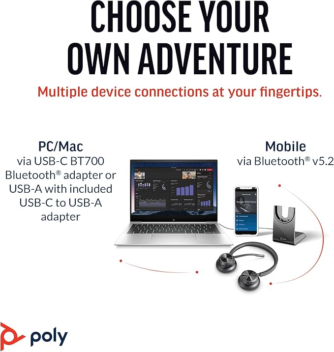 Poly Voyager 4320 UC Wireless Headset & Charge Stand (Plantronics) - Stereo Headphones w/Noise-Canceling Boom Mic - Connect PC/Mac/Mobile via Bluetooth-Works w/Teams (Certified), Zoom-Amazon Exclusive