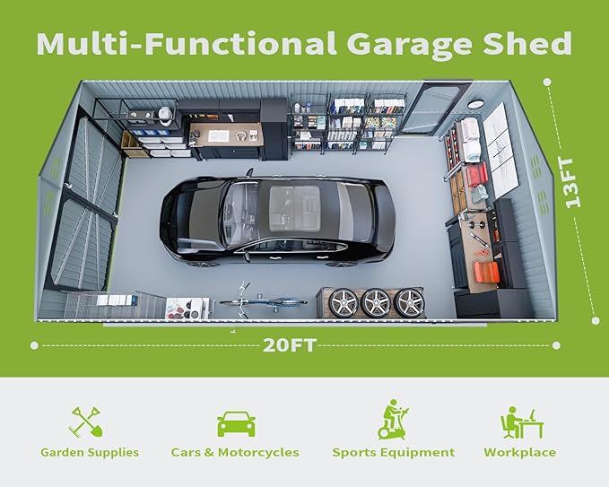 20 x 13 FT Outdoor Storage Shed, Large Metal Garden Shed with 2 Lockable Doors, Tool Shed Outdoor Storage with 4 Air Vents, Garage Shed Waterproof for Car, Truck, Bike, Garbage Can, Tool, Dark Gray