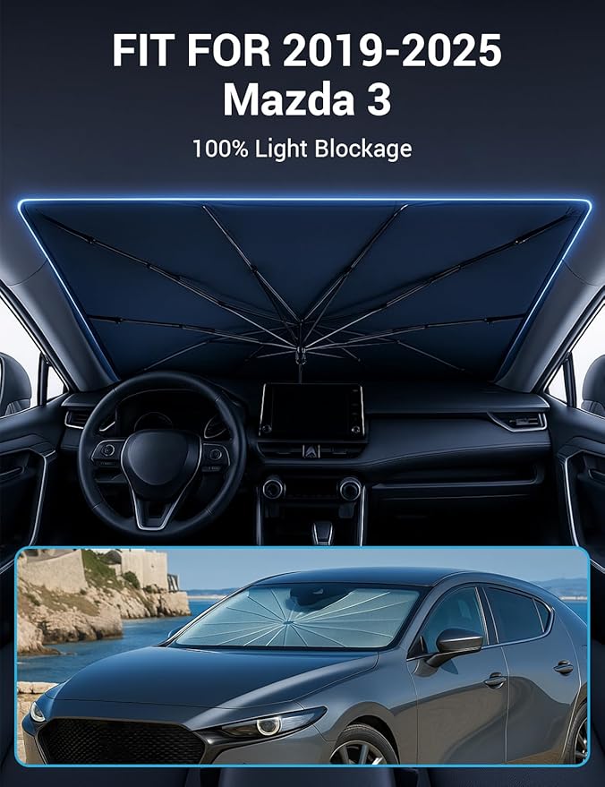 Proadsy Windshield Sun Shade Umbrella for Mazda 3 2019-2025 2026 Foldable Car Umbrella Sunshade with Soft TPU Handle Spring Structure Crystal Cooling Material Protect Car from Rays & Heat