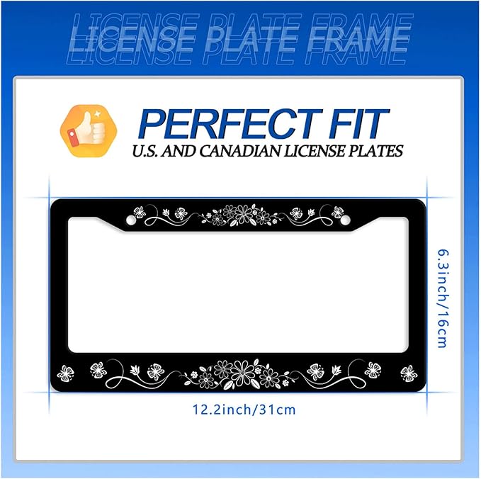 Black White Daisy Butterfly License Plate Frame Flowers License Plate Stainless Steel Funny License Plate Holder Floral Car Accessories With Screws Car Decoration 12.3"x6.3"Fits Standard Vehicles Size