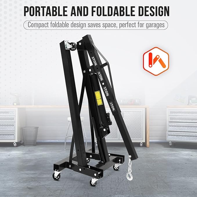 2 Ton Hydraulic Engine Hoist with Lever Stabilizer , Cherry Picker Engine Hoist, 4400LBS Heavy Duty Garage Crane with 6 Swivel Casters & Adjustable Telescopic Boom, for Auto Repair & Workshop (Black)