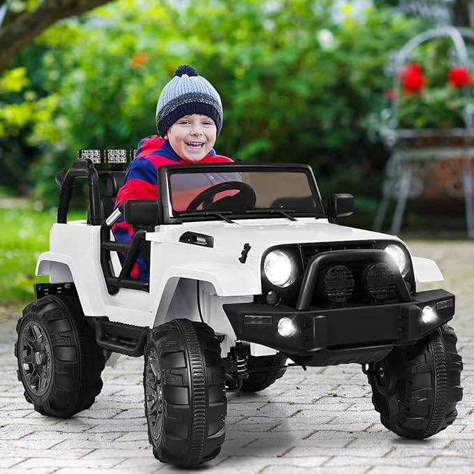 Costzon Ride On Car, 12V Battery Powered Electric Ride On Truck w/Parental Remote Control, LED Lights, Double Doors, Safety Belt, Music, MP3 Player, Spring Suspension (White)