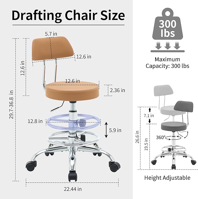 Ergonomic Desk Stool(Sturdy Rolling Stool with Back)(Swivel Armless Office Chair 19.5’’-26.6’’) Adjustable Footrest Salon Chair (Camel Brown)