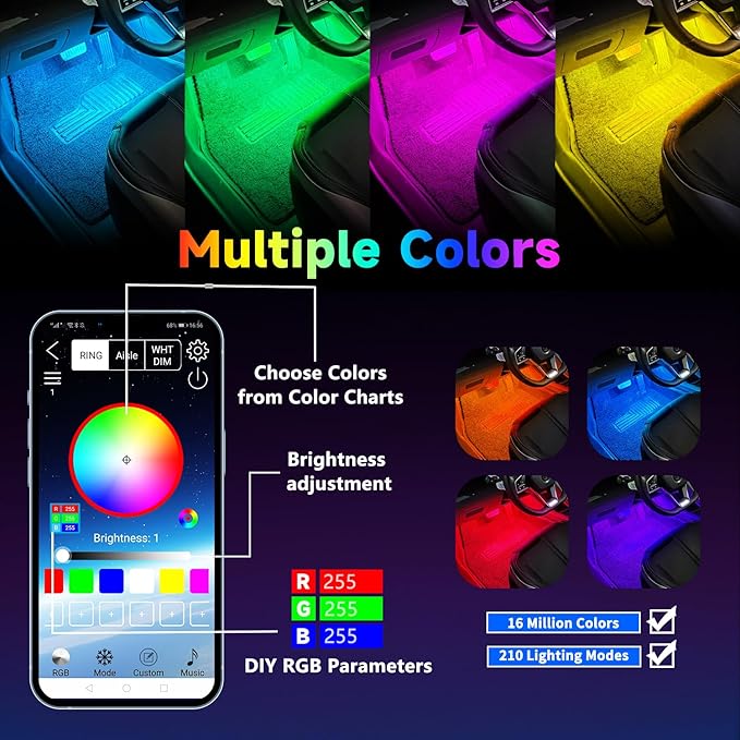 Car Led Interior Light Strip 72LEDs Under Dash Foot Well PVC Housing RGB DIY 210 Modes Static/Chase/Gradient/Strobe, Music Sync, Timer App Switch Control, USB 5V DC 12V, No Remote