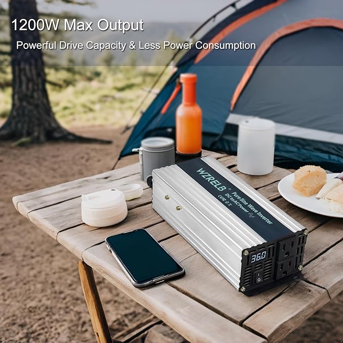 WZRELB 1200W Pure Sine Wave Inverter 24V DC to 110V 120V AC,Car Power Inverter with Dual AC Outlets, LED Display,Off-Grid Portable Power Converter for Home, RV, Truck, Camping