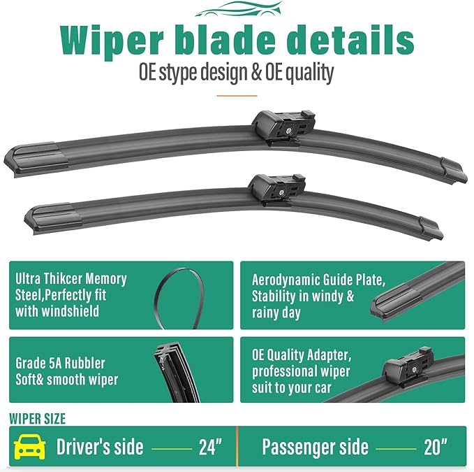 24" 20" 15" Windshield Wiper Blades Replacement for Volvo XC90 2016 2017 2018 2019 2020 2021 2022 Premium All Weather Front Rear Wipers Set - OEM Quality (Pack of 3)