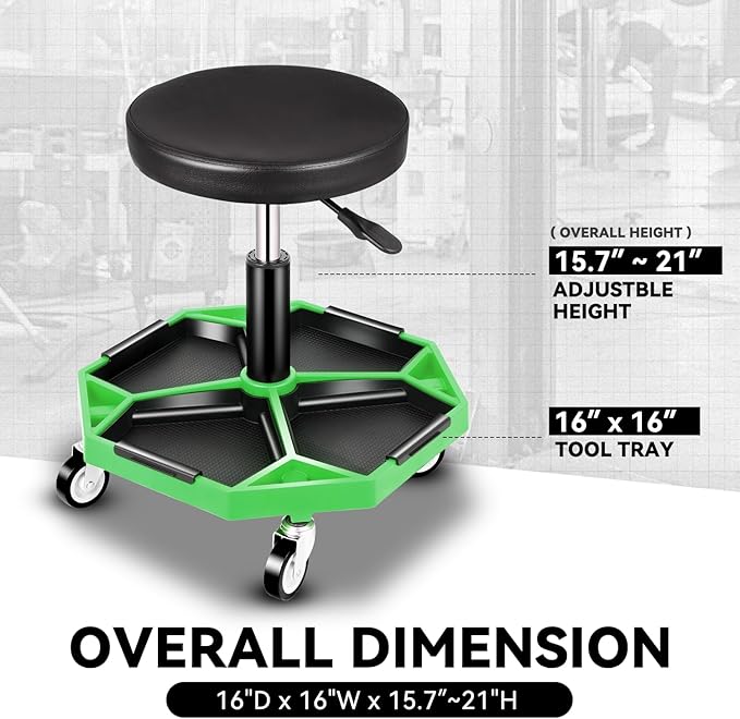 Auto Dynasty Mechanic Stool, Adjustable Rolling Pneumatic Creeper Garage Shop Seat with Tool Tray, 300 LBS Roller Seat for Workshop Auto Repair, Adjustable Height 15.7" to 21", Green