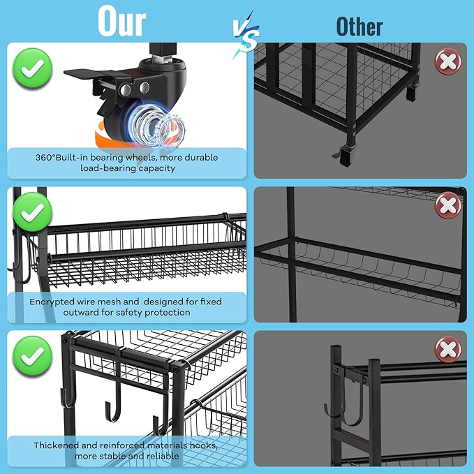 WUC Sports Equipment Organizer - Garage Ball Storage Rack with Basket, Hooks and Rolling Cart for Toy Sports Gear Storage, Black
