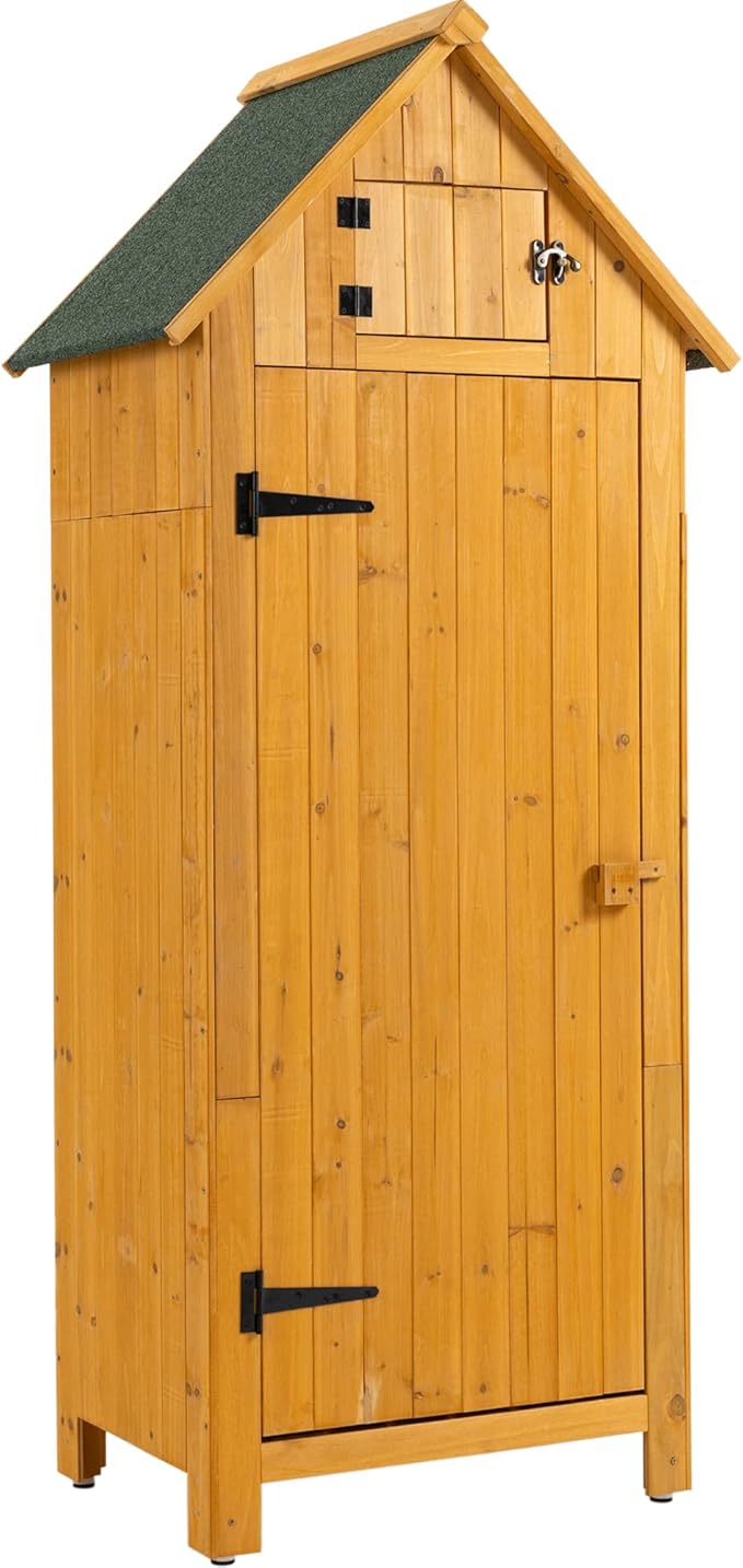 30.3" L X 21.3" W X 70.5" H Outdoor Storage Shed with Waterproof Roof, Solid Fir Wood Frame, and 3 Compartments for Garden Tools, Mower, and Hose,Natural Wood