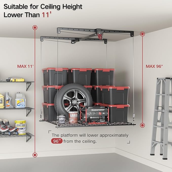 Overhead Garage Storage Lift, Adjustable Heavy-duty 4x4 Ft Ceiling Racks with Safety Lock, Ideal for Storage Lifting Organization System, 250lbs Capacity (Standard Edition)