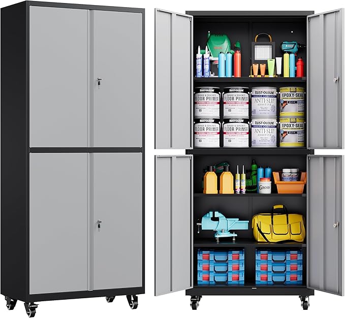Metal Storage Cabinet with Wheels,Rolling Garage Storage Cabinet with Lock,Gray Lockable Metal Cabinets with Shelves,Tall Tool Cabinets on Wheels for Garage,Home,Office,Shop