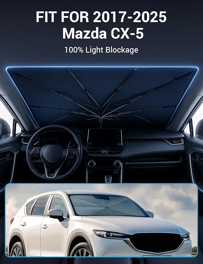 Proadsy Windshield Sun Shade Umbrella for Mazda CX-5 2017-2025 Foldable Car Umbrella Sunshade with Soft TPU Handle Spring Structure Crystal Cooling Material Protect Car from Rays & Heat
