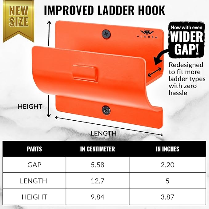 Ladder Hangers for Garage Wall Set of 2 Hooks- Orange Step Stool Hanger Wall Mount. Tool Holder for Shed, Workshop, Garden - Hang Wheelbarrow, Folding Chair