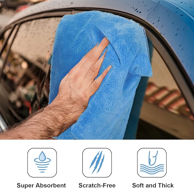 Shimeyao 30 Pcs Edgeless Microfiber Plush Towels for Cars Detailing Drying Wash Polishing Absorbent Cleaning Cloths, 500 GSM, 16 x 16 Inch(Light Blue)