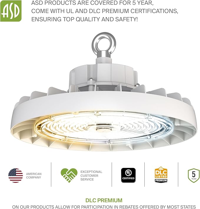 ASD LED High Bay UFO Light Fixture, Commercial Shop Lighting | 3CCT, Dimmable, IP69K Waterproof, DLC Premium, UL Listed | 150W 23600LM 3000-5000K 100-277V | Warehouse, Garage, Workshop Lamp | White