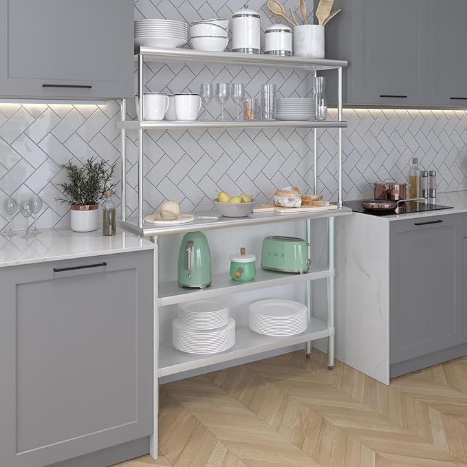 Amgood Stainless Steel Work Table with 2 Shelves | Metal Kitchen Prep Table & Shelving Combo (14" x 48" Table with 2 Shelves + 12" Overshelf)