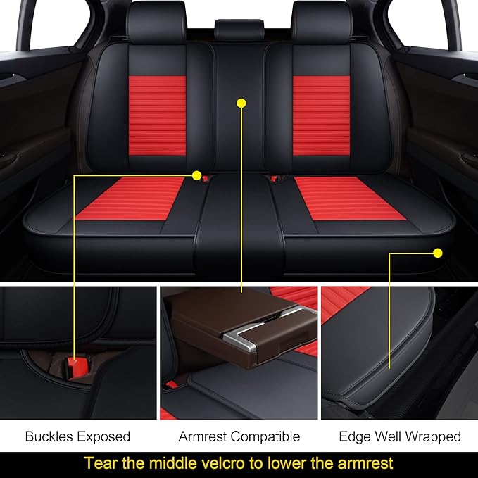 LINGVIDO Car Seat Covers, Breathable and Waterproof Faux Leather Automotive Seat Covers for Cars SUV Truck Sedan,Universal Anti-Slip Seat Cover with Backrest (Full Seat, Red+Black)
