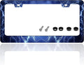 Blue Lightning License Plate Frame Funny Thunder License Plate Holder for Front or Rear Car Tags Reusable Durable Stainless Steel Car Decoration with Screws 6.3 X 12.2 Inch for Men Women