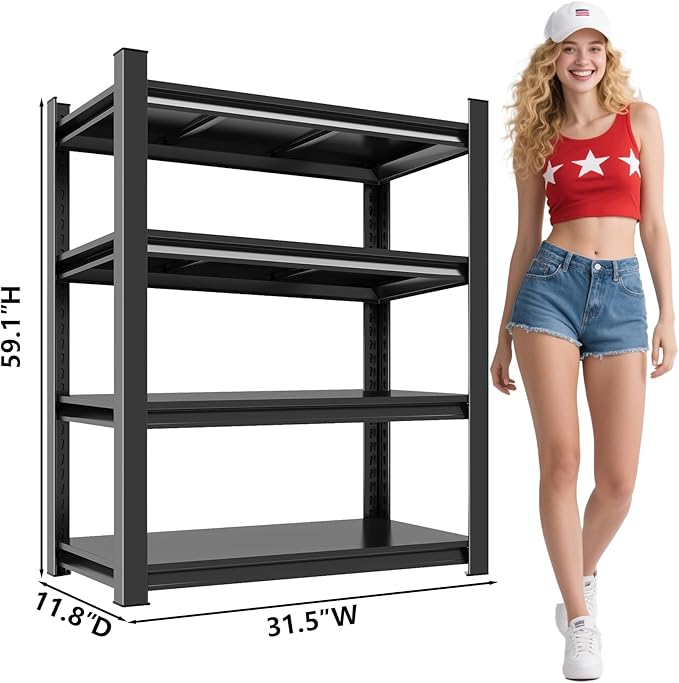 Metal Storage Rack Tier Height Free Adjustable Garage Tool Rack Load Capacity 3000lbs Industrial Storage Rack,Black,Garage,Kitchen,Bedroom,Garden (4-Tier59.1"H*31.5"W*11.8"D)
