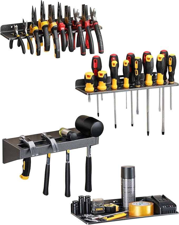 Wall Mount Screwdriver Organizer, Pliers Holder, Hammer Rack, 17x8.5-inch Storage Board, 4PCS Alloy Steel Hand Tool Storage Organizer for Garage Workshop