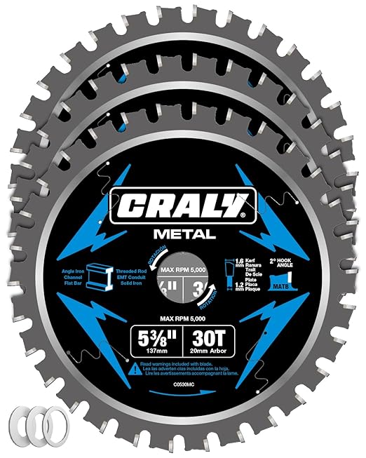 CRALY 5-3/8 Inch 30 Teeth Steel and Ferrous Metal Cutting Circular Saw Blade, 20 mm Arbor, Thin Kerf, Professional Carbide Tipped Blade for Angle Iron, Threaded Rod, EMT Conduit, 3-Pack(C0530MC-3)