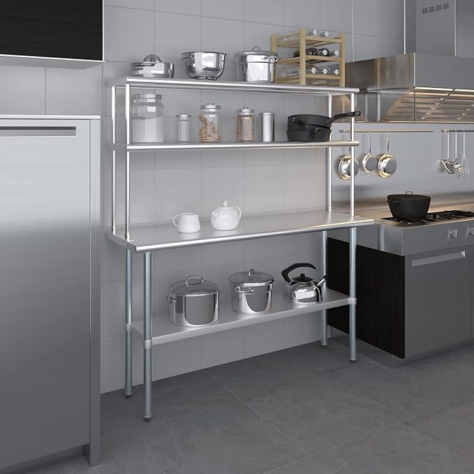 Amgood Stainless Steel Work Table Double Tier Overshelf | Metal Kitchen Prep Table & Shelving Combo (18" x 60" Work Table + 12" Overshelf)