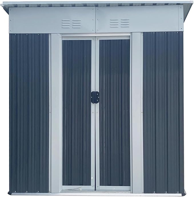 5x3 FT Outdoor Storage Shed with Sloping Roof, Waterproof Metal Garden Sheds w/Lockable Sliding Doors and Vents, Weather Resistant Tool Storage House for Backyard, Patio, Lawn, Grey