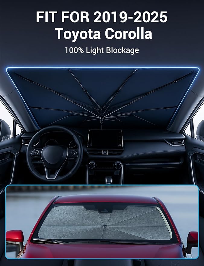 Proadsy Windshield Sun Shade Umbrella for Toyota Corolla 2019-2025 Foldable Car Umbrella Sunshade with Soft TPU Handle Spring Structure Crystal Cooling Material Protect Car from Rays & Heat