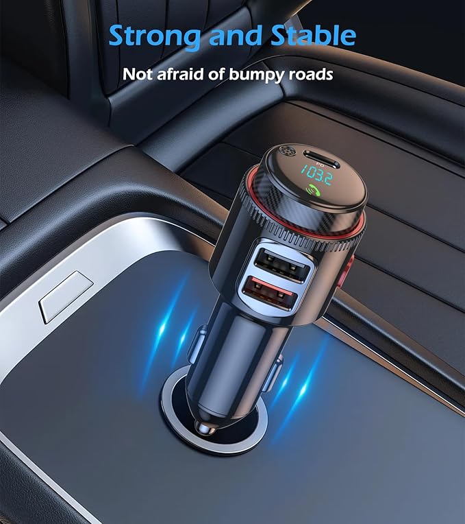 Bluetooth Car Adapter, Wireless AUX FM Transmitter, USB C&QC3.0 Dual Fast Charging, Cigarette Lighter Radio Music, Supports Hands-Free Siri Google Assistant & USB Drive, HiFi Bass Sound