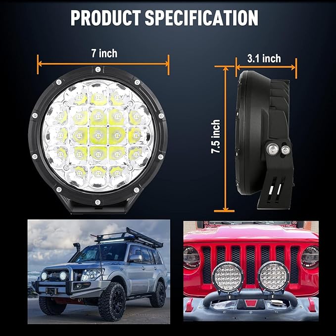 BIGLION.X Round LED Offroad Lights 7 Inch Super Bright Offroad Driving Spot Lights with Black Covers IP68 12V 24V for Trucks Pickup ATV UTV SUV