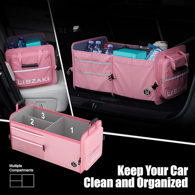 LIBZAKI Car Trunk Storage Organizer, Multi Compartment Collapsible Trunk Storage Box for Car Truck SUV-Pink