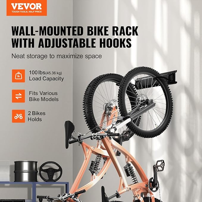 VEVOR Bike Storage Rack, 2 Bike Racks, Wall Mount Bike Storage Hanger, Home and Garage Organizer, Customizable for Various Bike Sizes, Adjustable Holder for Space Saving, Holds Up to 100 lbs, 17-inch