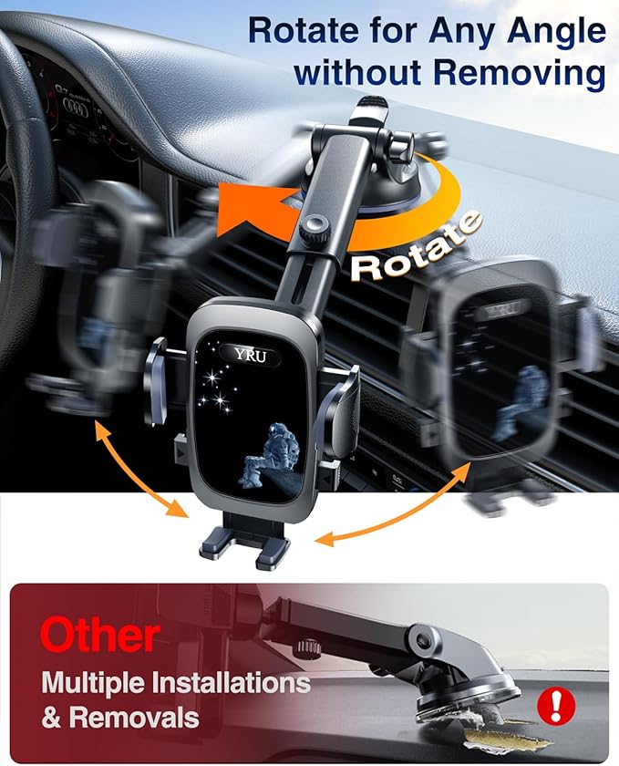 YRU True Military-Grade & 360 Degrees Rotatable Suction 2025 Ultimate Car Phone Holder Mount 90+LBS Safest Strongest Patent Certs Dashboard Windshield Vent for iPhone 16 15 Pro Max Samsung Dark Black