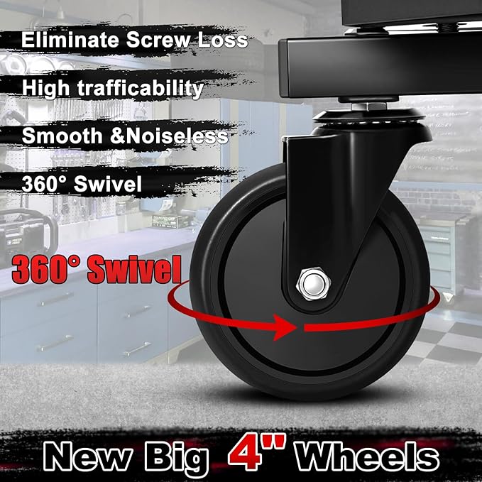 Rolling Stool with Wheels, Adjustable Height Pneumatic Garage Work Mechanic Stool Seat with Backrest, 400 LBS Capacity 360° Swivel Mechanic Crepper Chair with Tool Tray Storage, Black