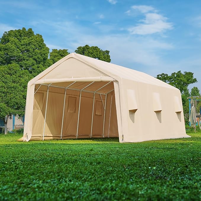 ADVANCE OUTDOOR 13x20 ft Carport 2 Roll up Doors & Vents Outdoor Portable Storage Shelter Garage Tent for Vehicle Boat Truck Anti-UV Snow Resistant Waterproof, Beige