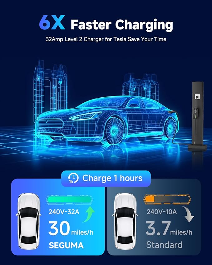 Level 2 EV Charger for Tesla, 32Amp 240V 7.68kW NACS EV Chargers, NEMA 14-50 Plug, Adjustable Current, 25FT Portable Electric Car Charger Compatible with All Nacs (Black)