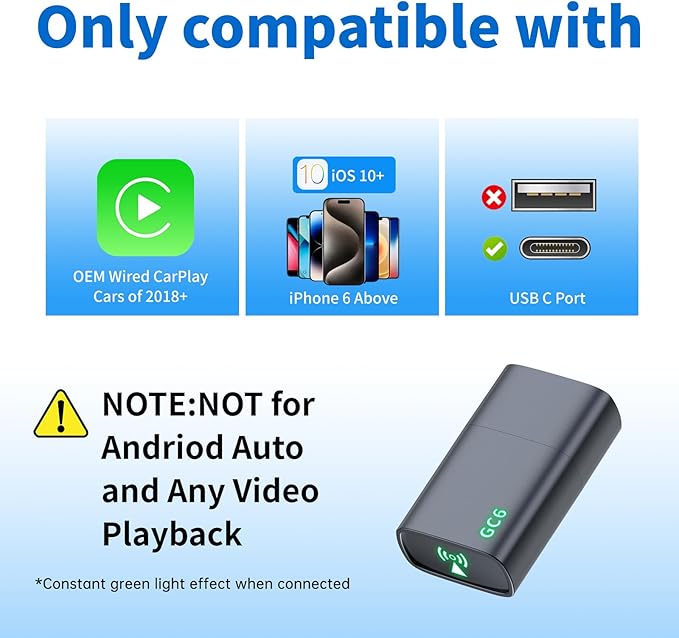 Wireless CarPlay Adapter for Apple iPhone 2025 Upgrade, Converts Factory Wired to Wireless, No Delay, Stable Connection, Mini Apple Carplay Wireless Adapter for iOS 10+ and Car from 2018+,USB/Type C