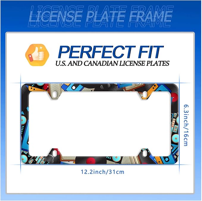 Music License Plate Frame Retro Music Cassettes License Plate Stainless Steel Funny License Plate Holder Men Women Colorful Music Car Accessory Decoration 12.3" x 6.3"
