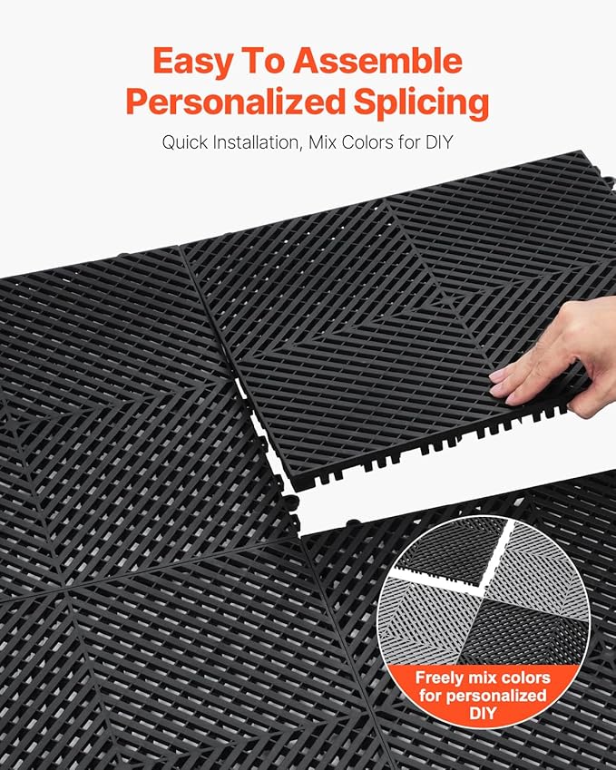 VEVOR Interlocking Drainage Mat, 15.7” x 15.7” Modular Interlocking Cushion, 24 Pcs Splicing Drainage Mats, Non-Slip Black PP Drainage Floor Tile and Shower Mat, for Garage, Garden, Kitchen & Outdoor