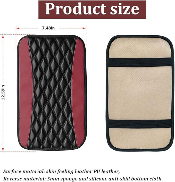 Car Center Console Cushion Pad, Universal Leather Waterproof Armrest Seat Box Cover Protector,Comfortable Car Decor Accessories Fit for Most Cars, Vehicles, SUVs (Wine Red)