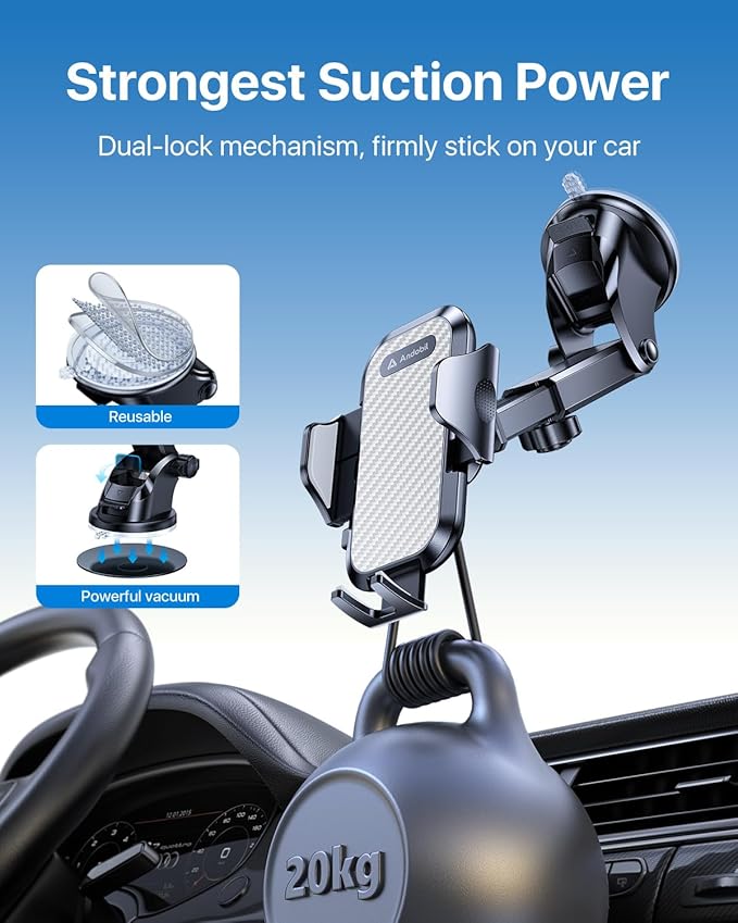 andobil Car Phone Mount [Ultra Stable & Big Phones Friendly] Cell Phone Holders for Your Car Dashboard Windshield Vent Truck, Car Phone Holder Mount for iPhone 16 15 14 13 12 Pro Max Samsung S24 S23