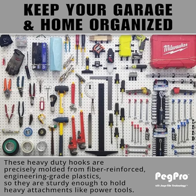PegPro® J Hooks Kit for Standard “Wood Fiber” pegboard – Durable Plastic Pegboard Hooks - for Garage, Kitchen, Craft Room, and More (J Hook - 24 Pack, Red)