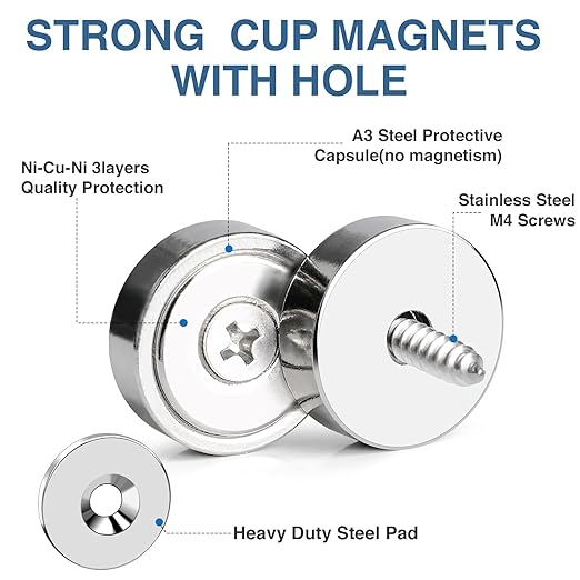 MIKEDE Round Magnets with Hole, 40LB Strong Rare Earth Magnets Heavy Duty for Wall Mounting, Neodymium Cup Magnet with Holes in The Center, Screws for Tool Room,Industrial - 10 Pack