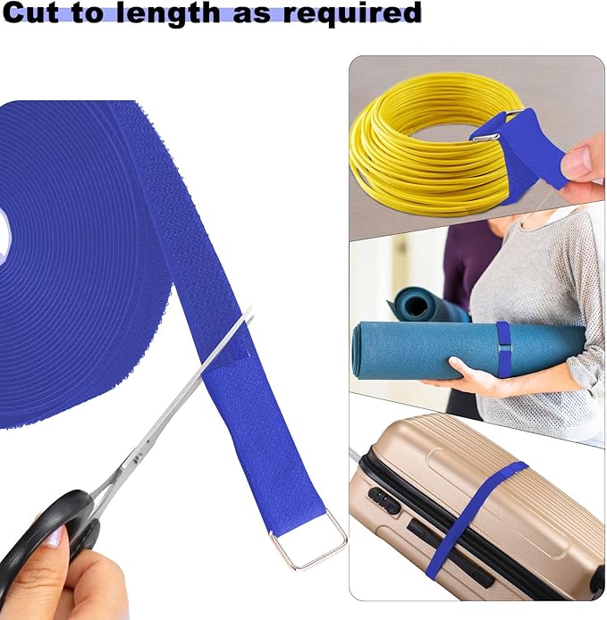 1"x16ft Hook and Loop Straps with 25 Metal Buckles, Adjustable Fastening Cable Straps, Cut-to-Length Cinch Strap, Reusable Nylon Securing Cord Ties for Organizer or Storage, 1 inch Wide,Blue