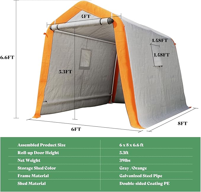 AMERLIFE 6x8x6.6 FT Heavy Duty Portable Shed Storage Shelter, Outdoor Storage Shed with 2 Waterproof Windows & Roll-Up Zipper Door, Carport for Motorcycle, Bike, Grey