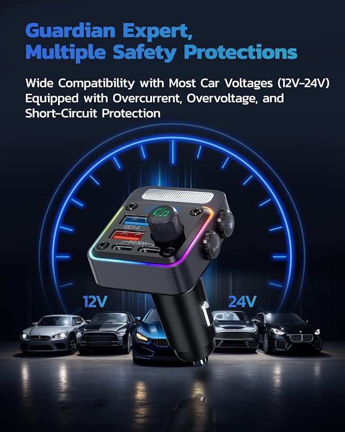 Nulaxy 54W Bluetooth 5.3 Car Adapter Charger 4-Port Fast Charging [PD36W & QC3.0 18W], Wireless Radio FM Transmitter with Deep Bass Player, 5 Colors LED Backlit, Hands-Free Calling, Support USB Drive