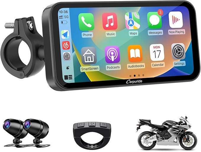 Carpuride W603D Motorcycle GPS Carplay Screen, Wireless CarPlay & Android Auto for Moto, with HD 1080P Dual Cameras, Remote Control，6.3" Waterproof Touchscreen, BT Aduio, Loop Recording, Navigation
