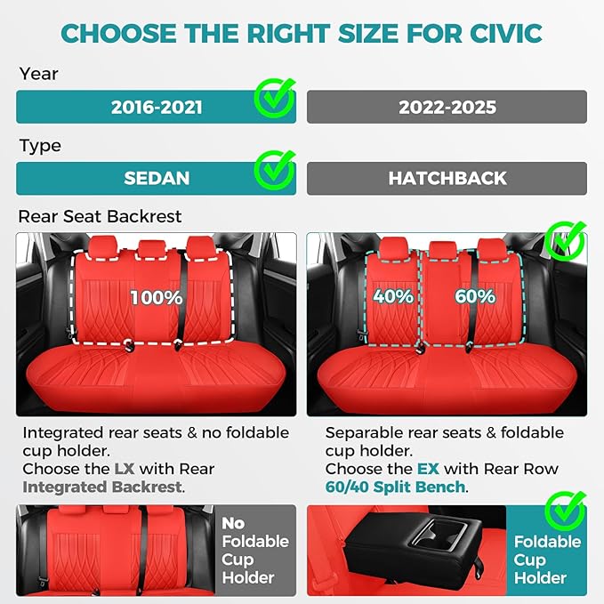 Seat Covers for Honda Civic Sedan EX-L, EX-T, EX, Touring, LX-P, Sport 2016 2017 2018 2019 2020 2021, Faux Leather Car Seats Cover Full Set(Rear Row 40/60 Split & Folding Backrest)-RED