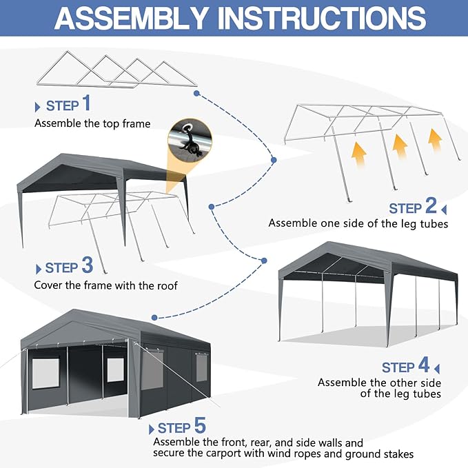 VINGLI 10x20 Carport Canopy Portable Garage with Roll-up Windows & Removable Sidewalls, Car Canopy Heavy Duty Car Tent for SUV, Boats, RVs, Trucks